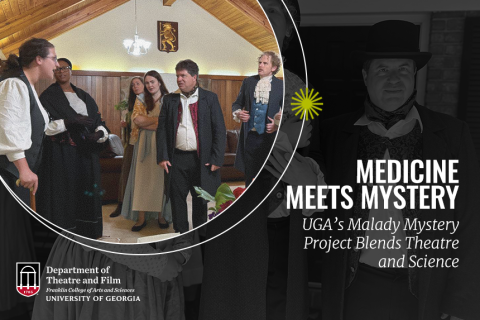 graphic with inset photo of people in 19th century costumes, white text on black, circles