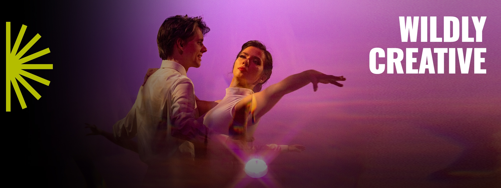 A dancing pair can be seen in front of a purple background with the green Franklin Spark depicted on the left and the words 'Wildly Creative' on the right side of the image. 