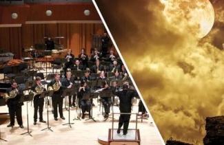 split photo with musical group on left, moon and clouds on right