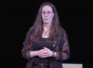 photo of woman, black screen in background