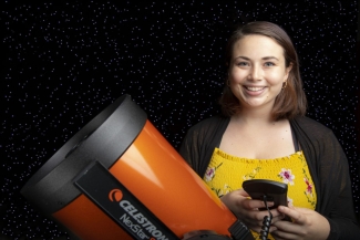 photo of woman with telescope and starry background
