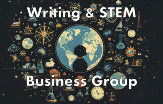 graphic with scientific icons, globe, white text