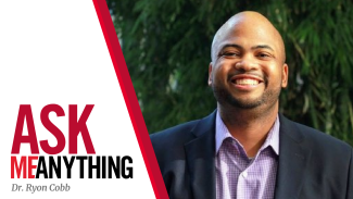 graphic with text and photo of man outdoors