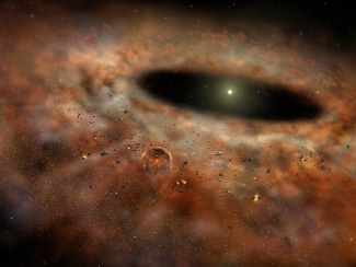 artists rendering of dusty star system, with colors, space, and bright stars