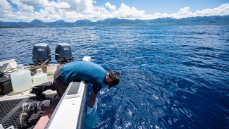 photo of man on boat with arms in water, day