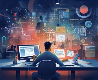 graphic illustrations with figure, computer, shapes and colorful designs