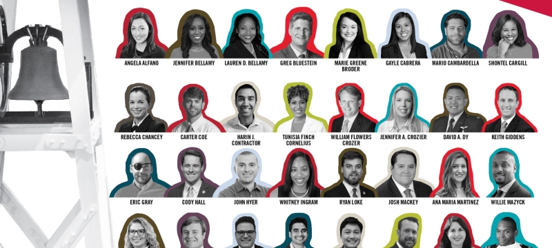 headshots of people with chapel bell and graphic