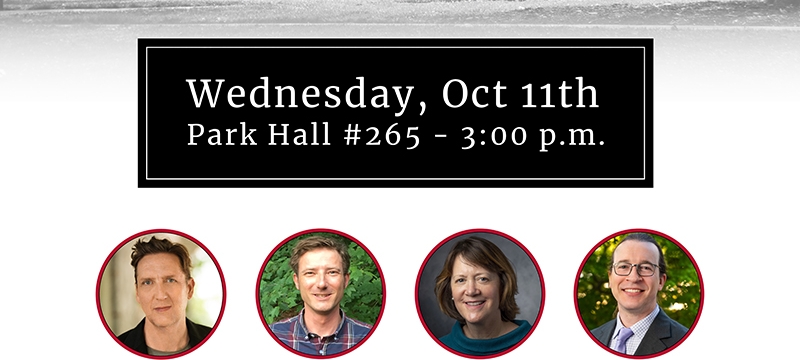 graphic with faded photo, text in red, icons, and headshots of four people