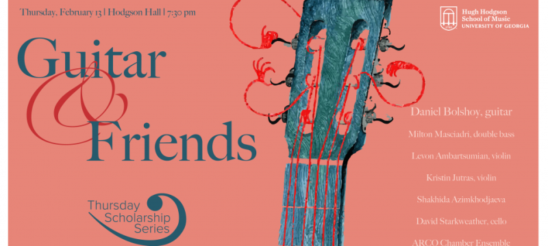 fuchsia graphic with guitar neck and text