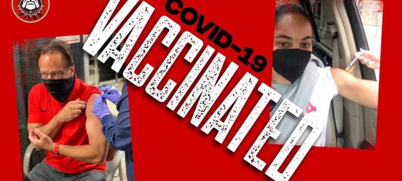 graphic with photos of two people getting vaccinated, red background