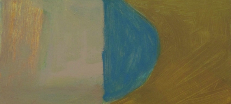 section of a painting with white, blue and tan abstract shapes