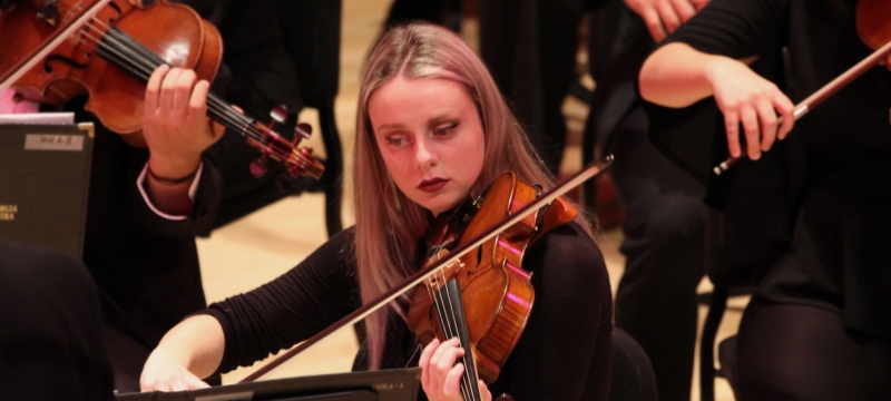 photo of woman playing viola, with other musicians