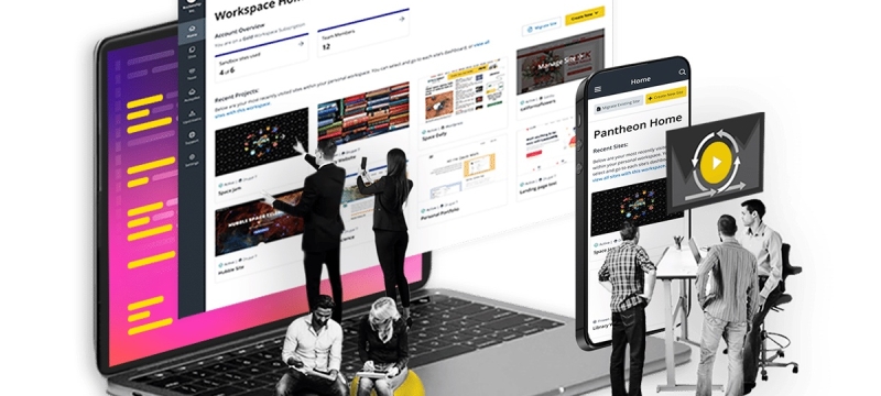 graphic with people standing and sitting within an open lap top computer