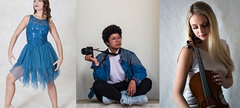 Collage of three photos - dancer, photographer, violinist