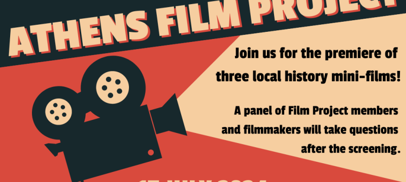 orange and black graphic with text, projector, and film reel