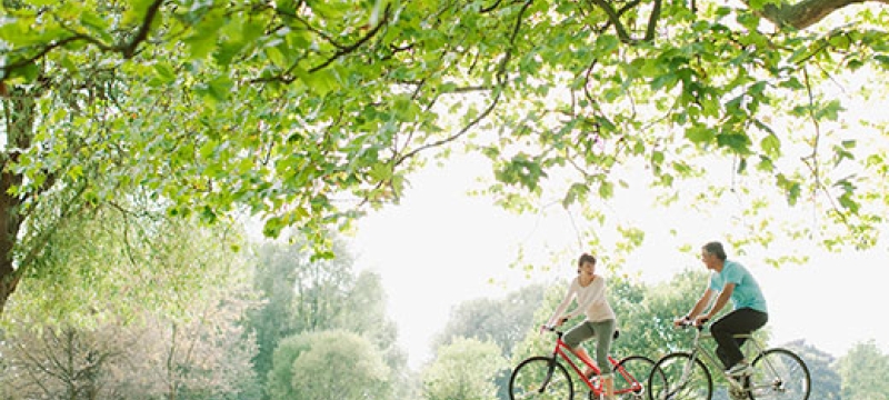 photo of two people biking, day, with field 