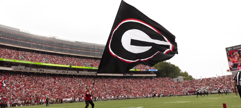 photo of man with large flag in the end zone at the stadium during a football game