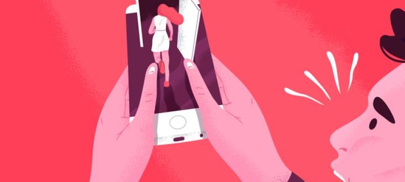 graphic with man holding phone, woman walking out of picture on phone