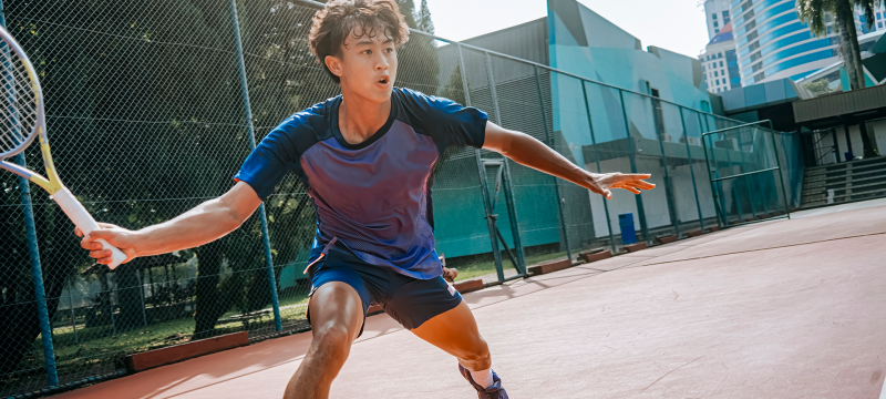 photo of man playing tennis, day, with racquet, sky