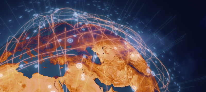 graphic illustration of globe with connecting points of transference  