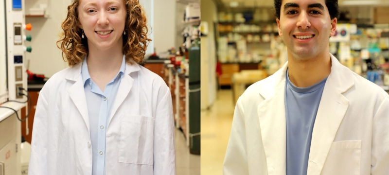 side-by-side photos of woman, left, and man, in lab coats