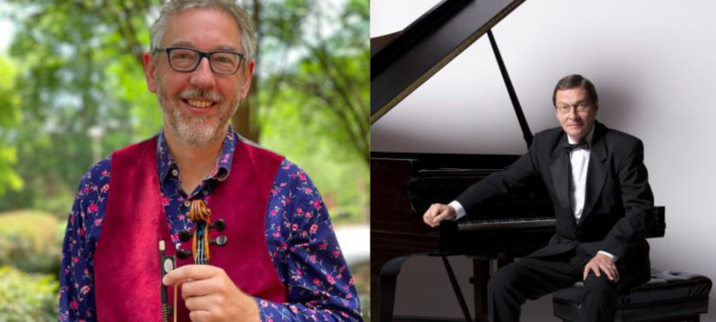 two photos of men, at right with piano