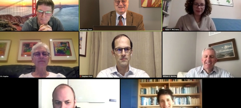 collage of eight skype screens with one person in each