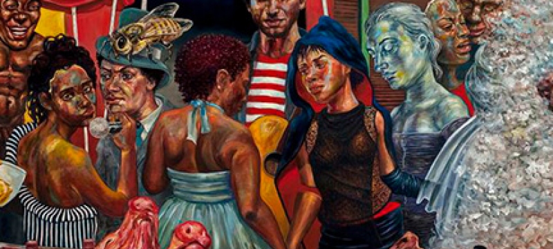 painting with people and bees at a market