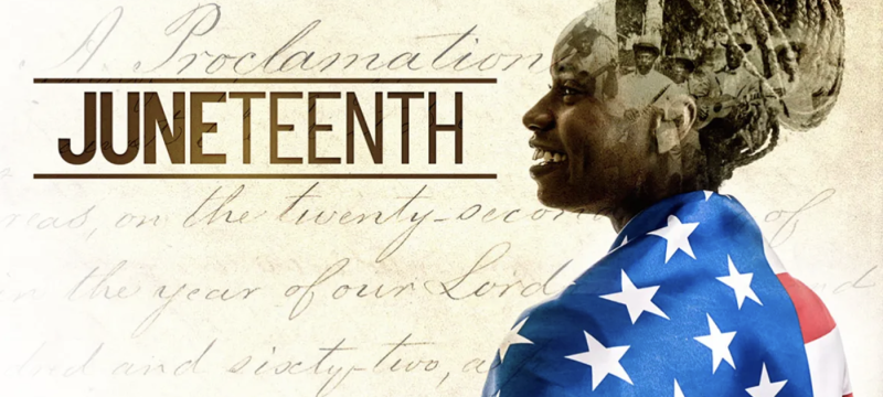 graphic with image of woman, text, flag