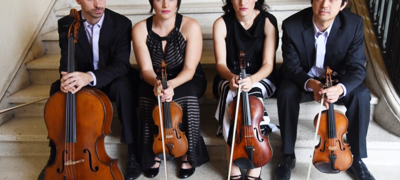 photo of four musicians seated on steps
