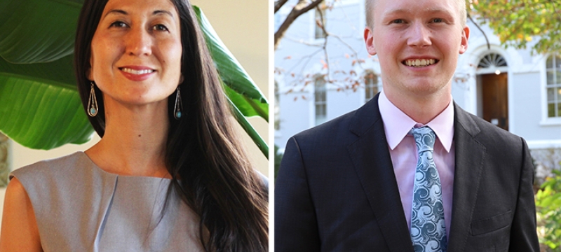 two sides by side photos of a woman, left, and a man