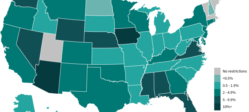 map of United States with color coded states and key