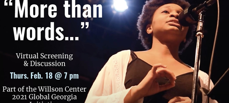 graphic with photo of woman at microphone, words in white text