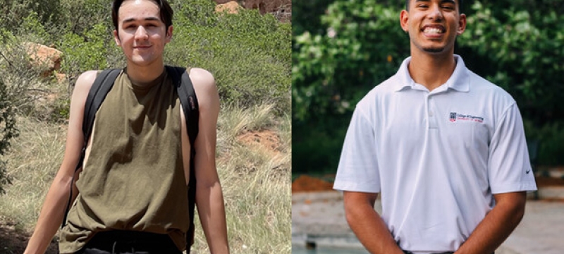 side-by-side photos of men, each outdoors