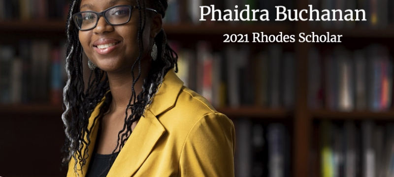 photo of woman in library with graphic in white and red