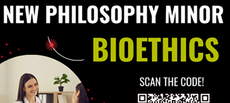 graphic with white text on black, QR code, photo