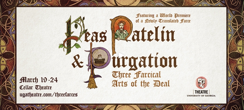 theatre graphic with old script and colorful border