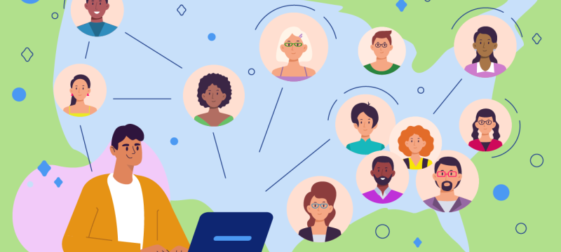 illustration with person at computer and heads of people over map of US