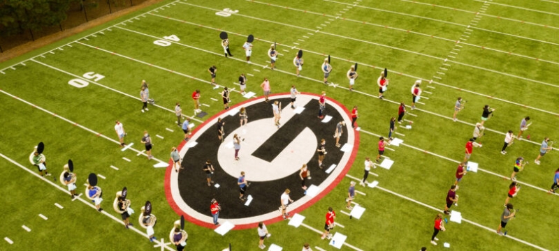 aerial photo of marching band practice