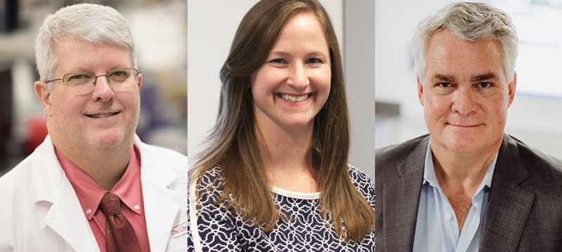 headshot of three people, two men, one woman in center