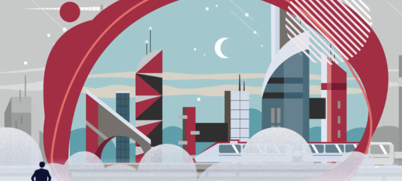 graphic illustration with city scape and red colors