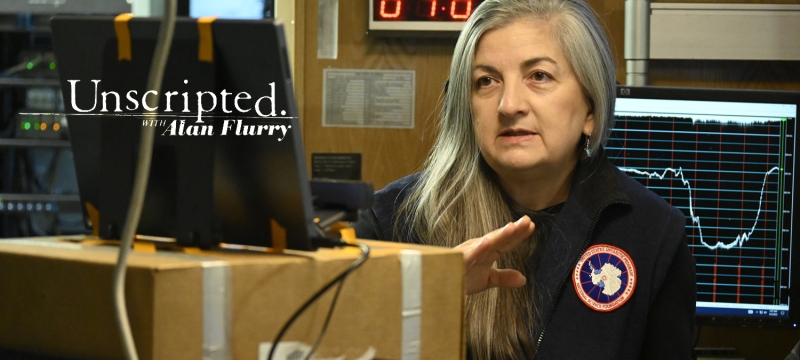 photo of woman in office with laptop, with graphic text