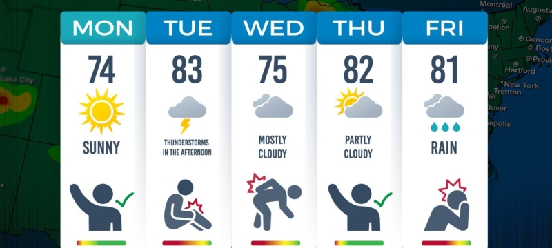 graphic with weekday weather forecast and temperature