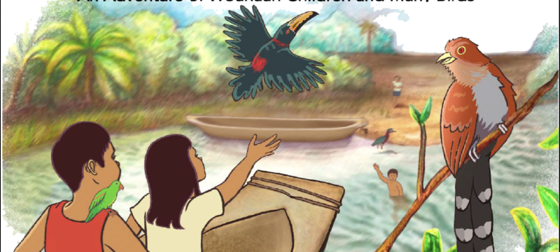 illustration with children, boar, water, and birds