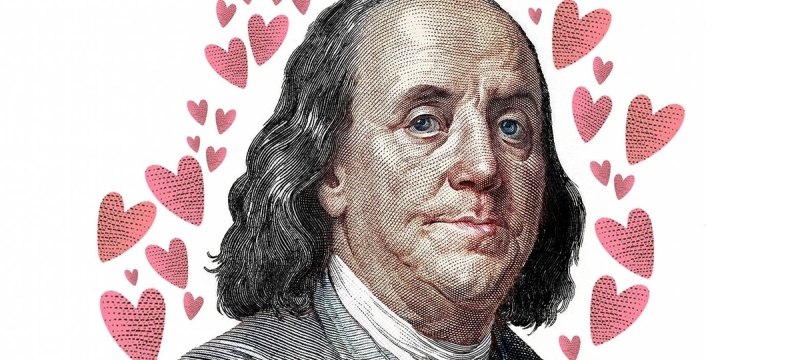 graphic of Benjamin Franklin, surrounded by hearts