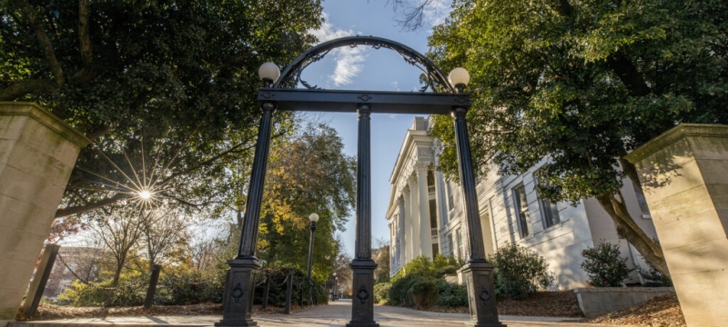 photo of UGA arch and north campus, sunny day