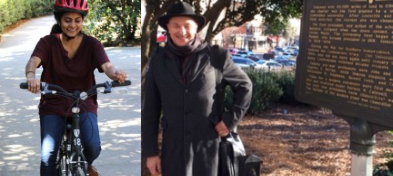 girl on bike, man with sign