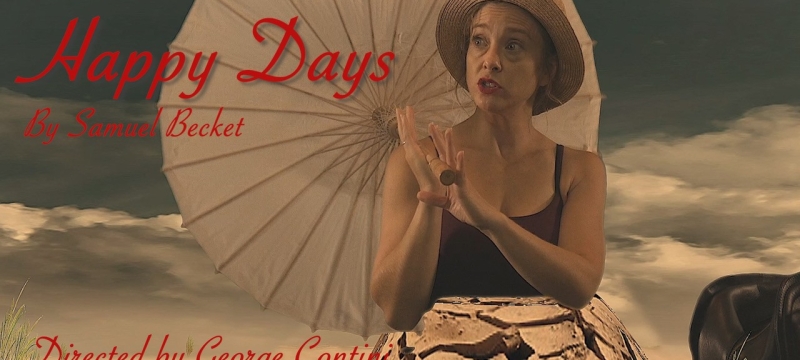 photo of woman with umbrella, graphic with red letters