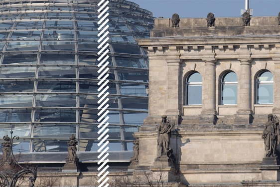photo of buildings with white graphic