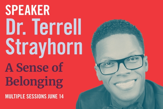 graphic on red with man's photo, text